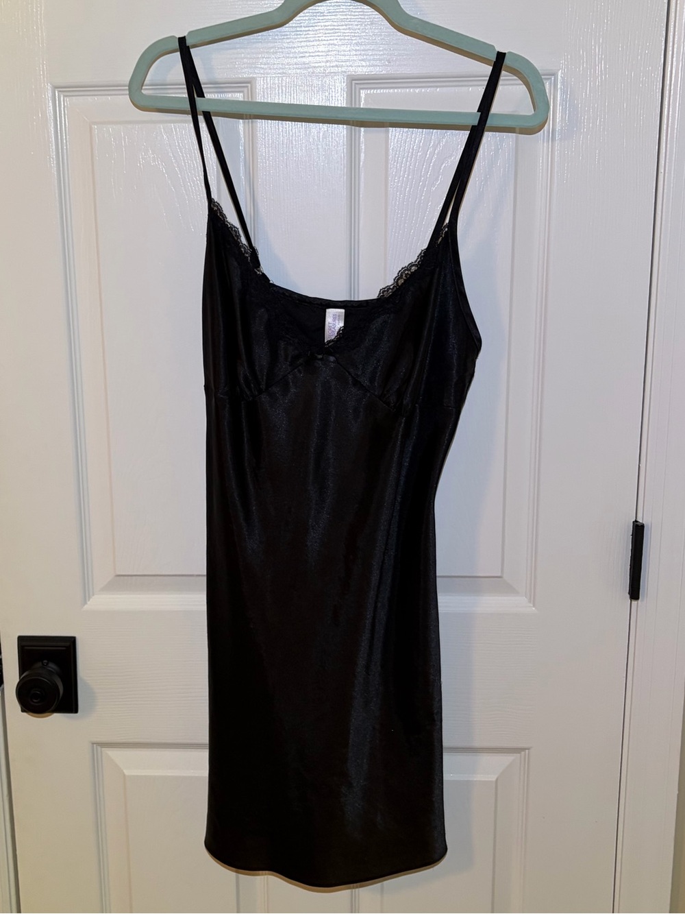 Secret Treasures Sexy Classy Black Satin Slip Chemise Dress with Lace Trim. Med